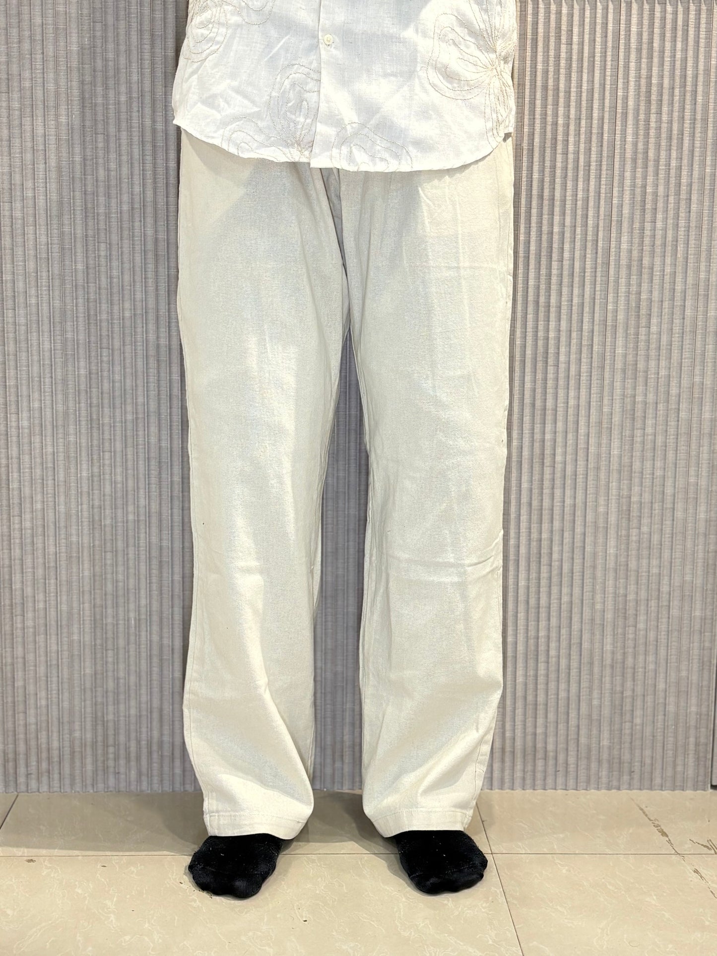 Off White Linen Relaxed Fit Draw String Pants