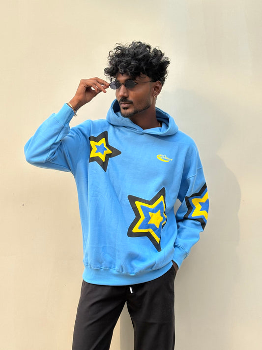 Blue Printed Oversized Hoodie