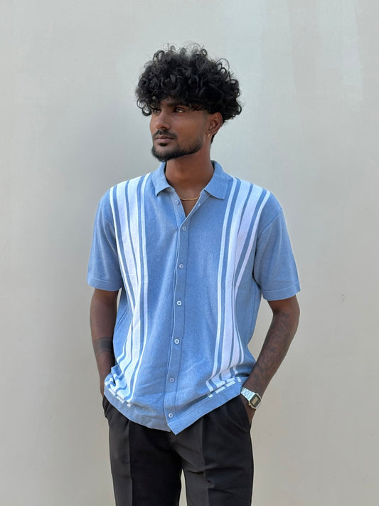 Sky Blue Flat Knit Half Sleeve Shirt