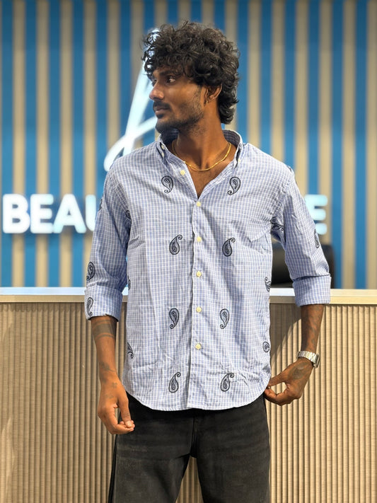 Blue Embroidery Checked Shirt