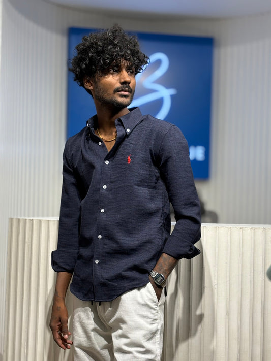 Navy Blue Linen Blended Shirt