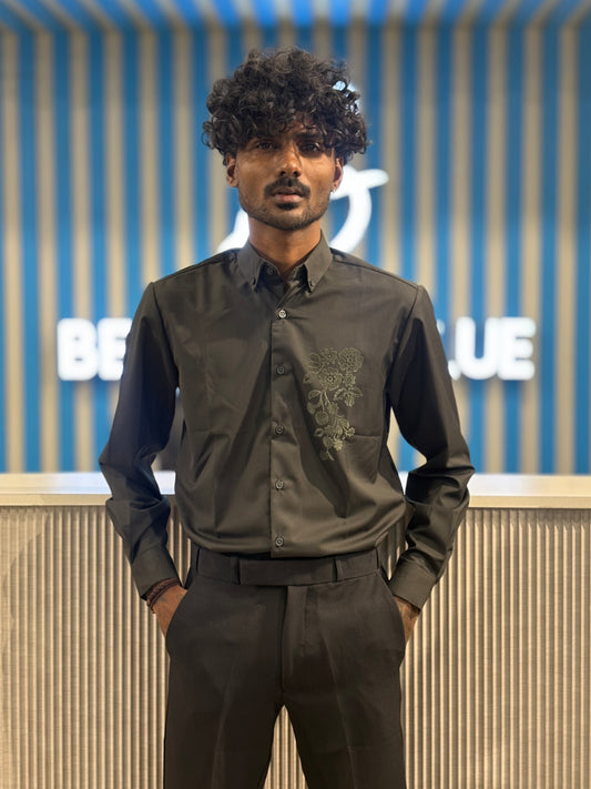 Dark Green Velvet Embroidery Designer Shirt