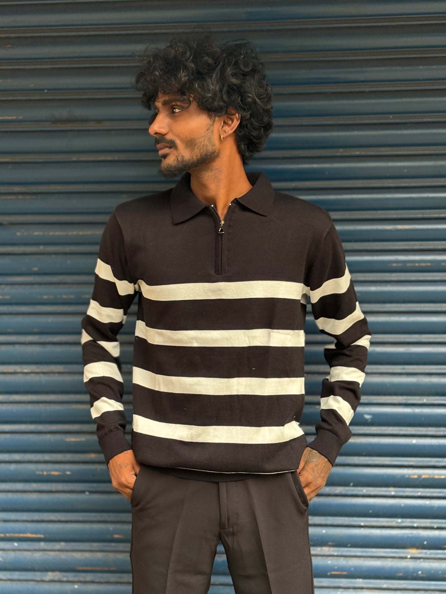 Black Zipper Polo Full Sleeve Tshirt