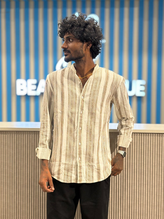 White Jacquard Striped Mandarin Collar Shirt