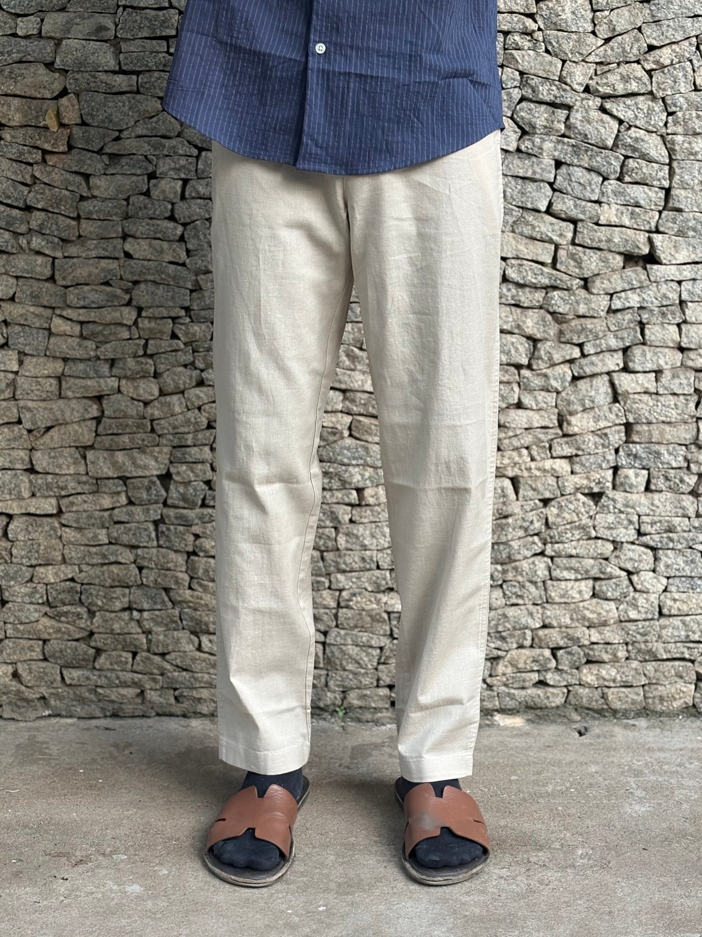Beige Linen Relaxed Fit Draw String Pants