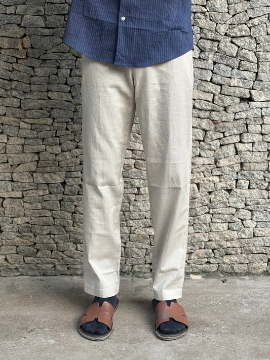 Beige Linen Relaxed Fit Draw String Pants