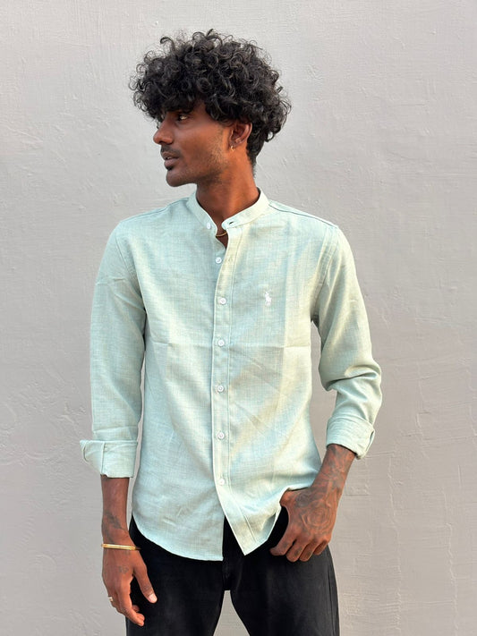 Light Green Linen Blended Mandarin Collar Shirt