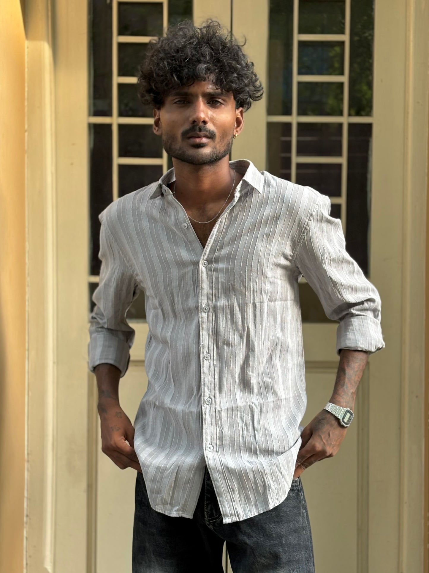 Grey Striped Linen Shirt