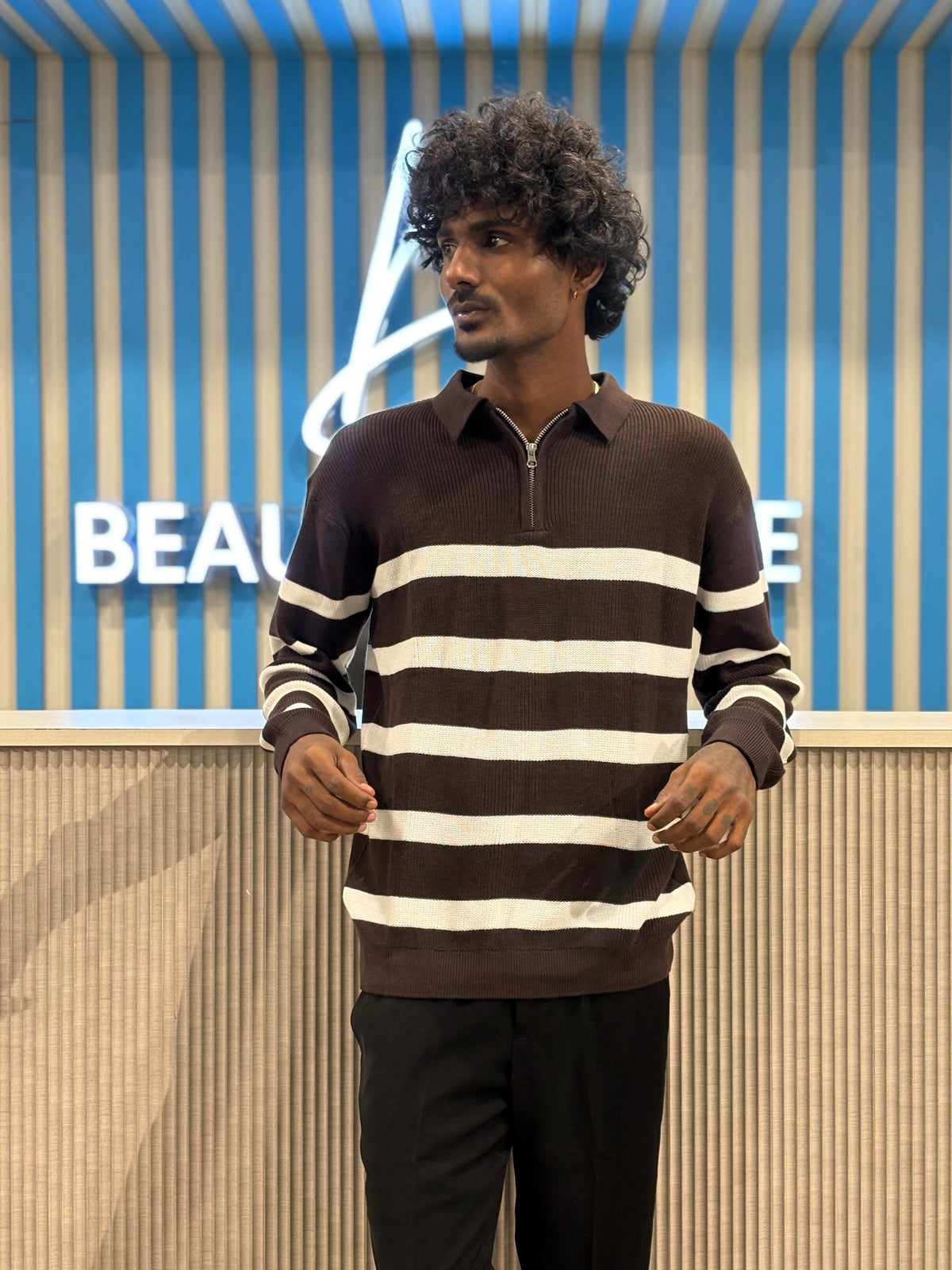 Brown Zipper Polo Full Sleeve Tshirt