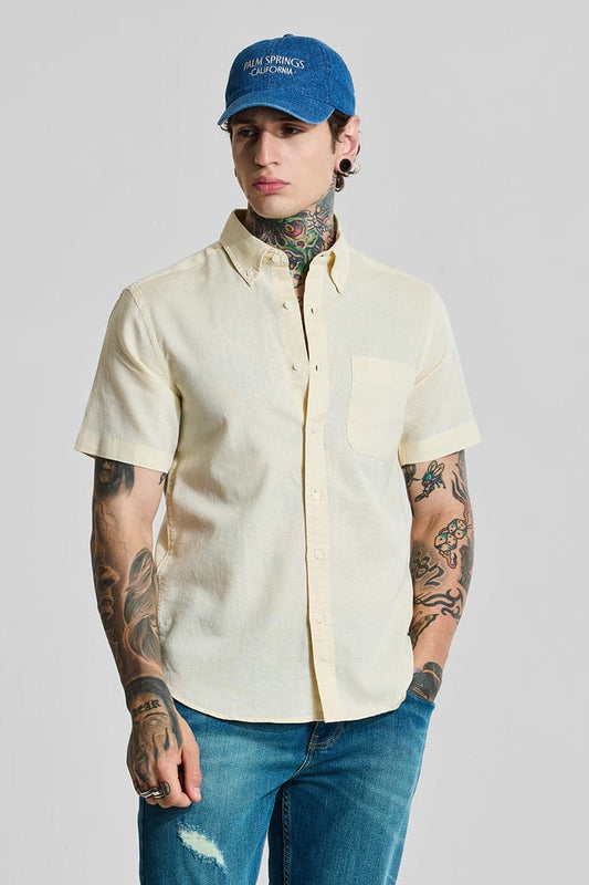Yellow Linen Blend Slim Fit Shirt