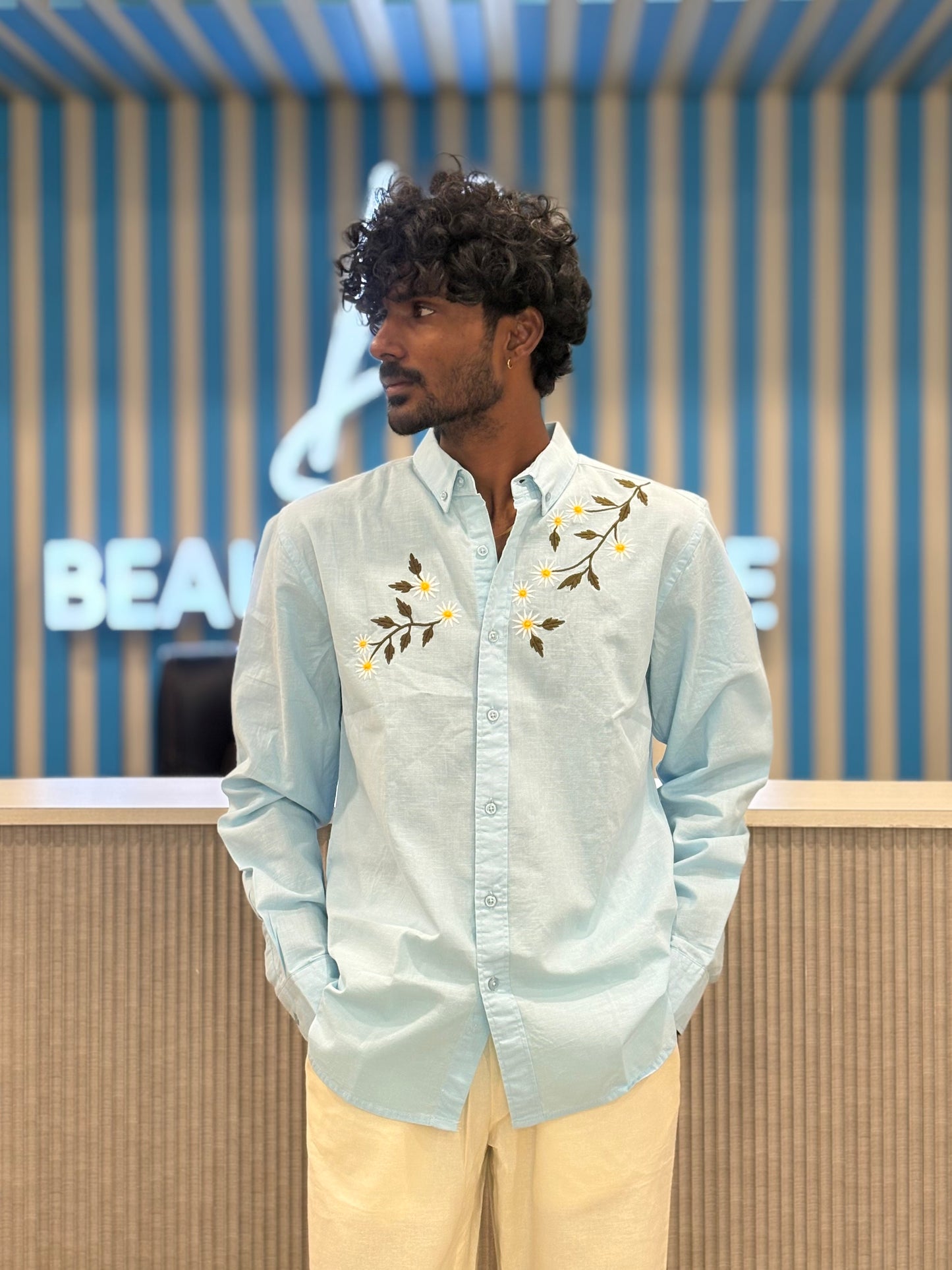 Light Blue Linen Embroidery Shirt