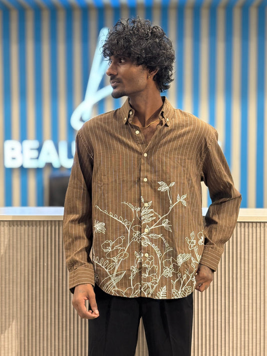 Brown Striped Embroidery Shirt