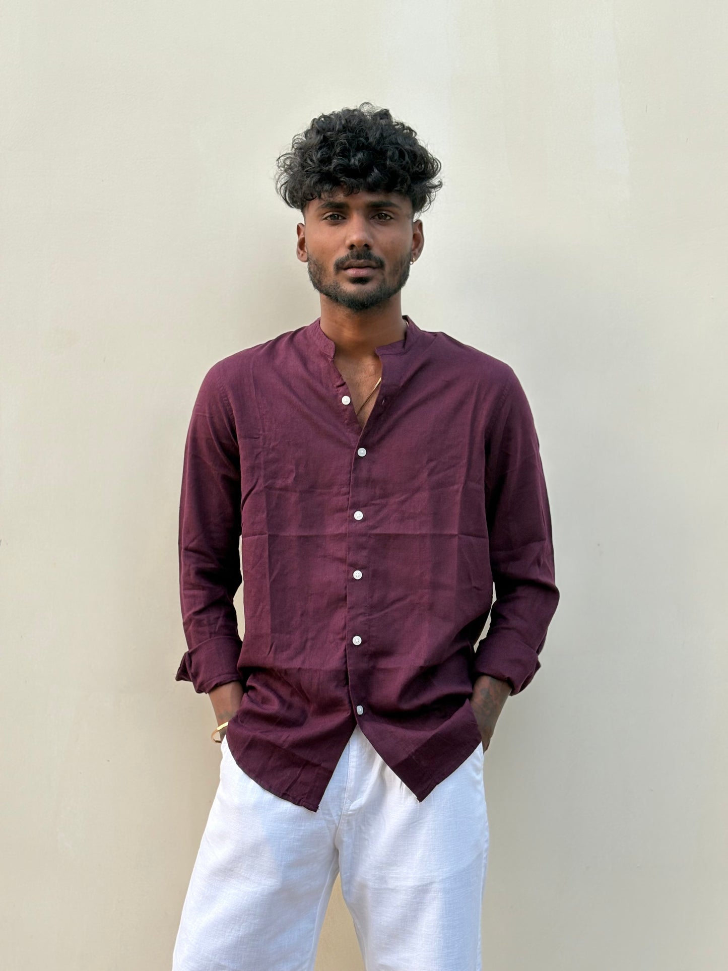 Wine Linen Mandarin Collar Shirt