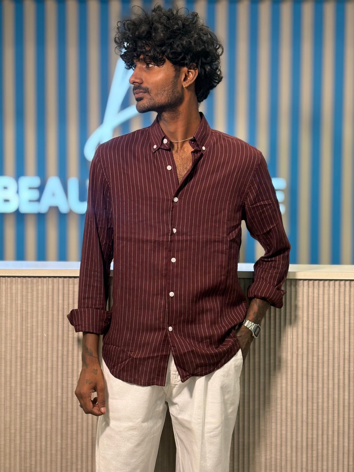 Maroon Linen Striped Shirt