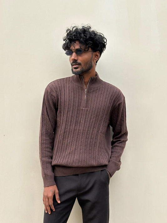 Brown Zipper Polo Full Sleeve Tshirt