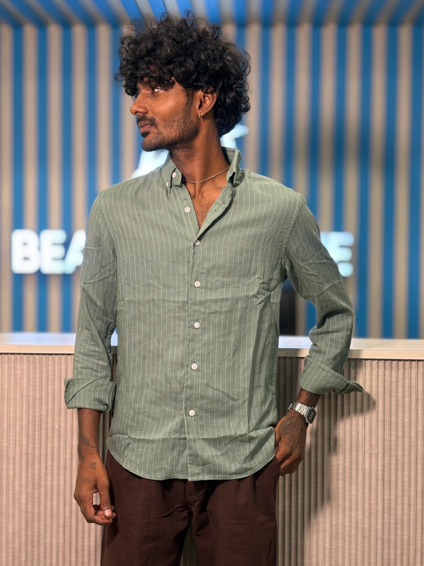 Green Linen Striped Shirt