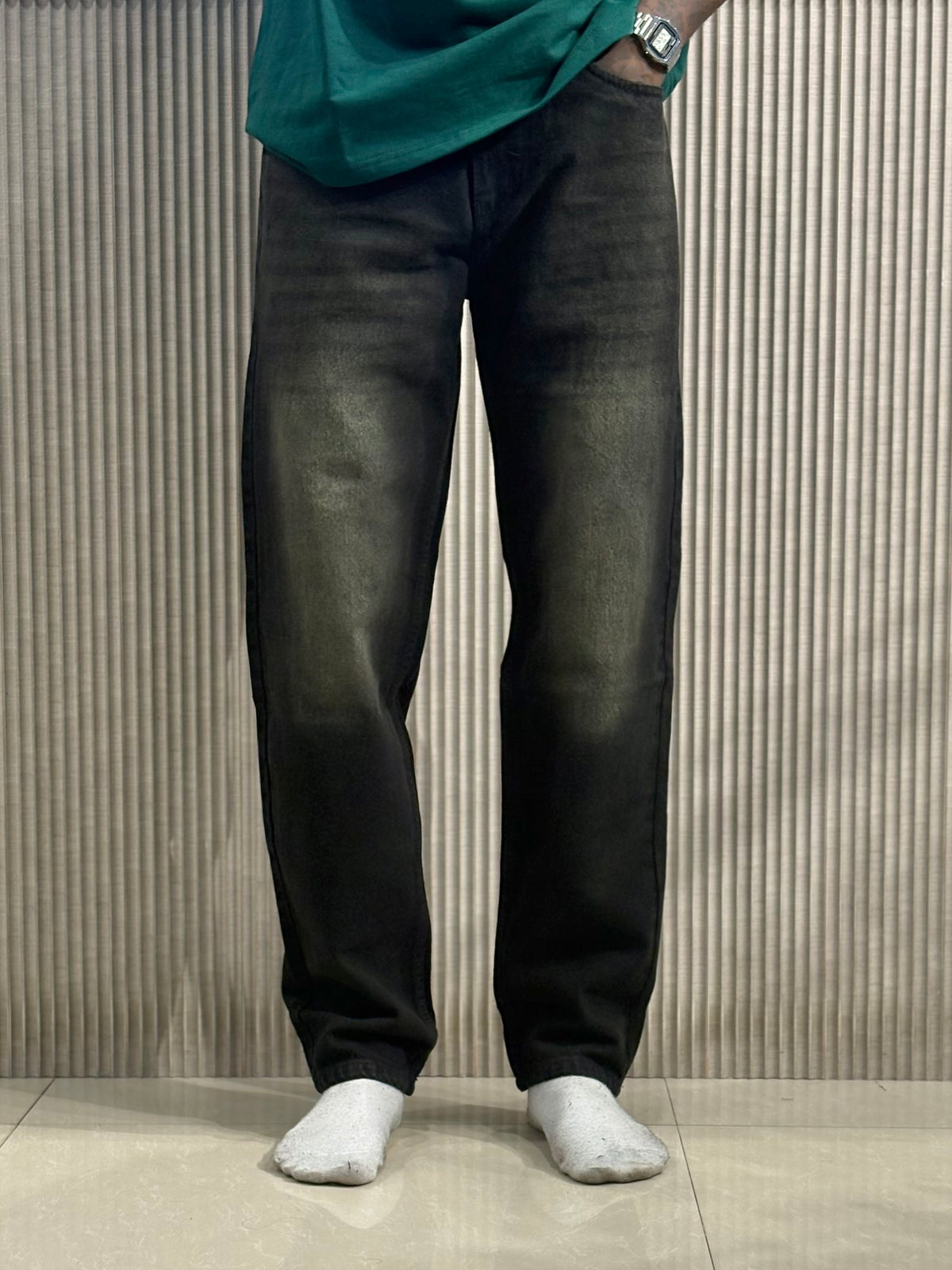 Black Whisker Shaded Mom Fit Jeans