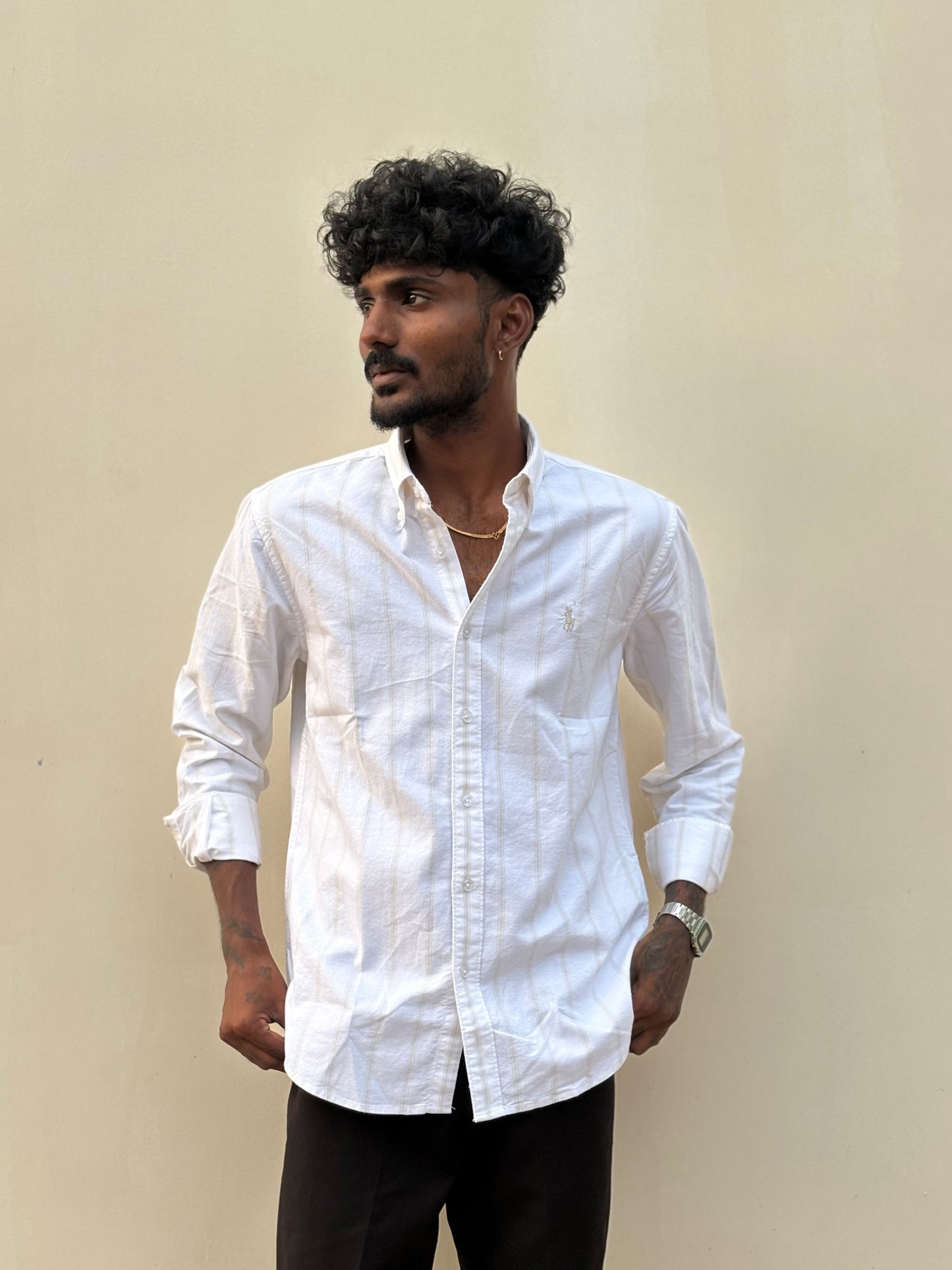 White And Beige Striped Old Money Shirt