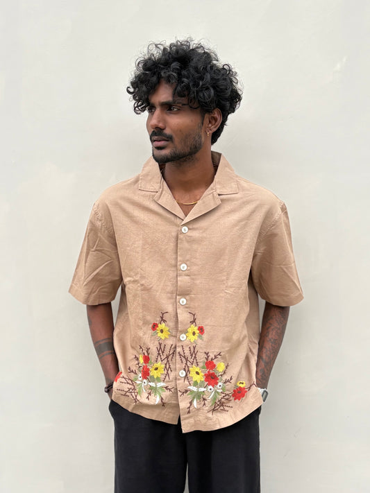Brown Half Sleeve Embroidery Shirt