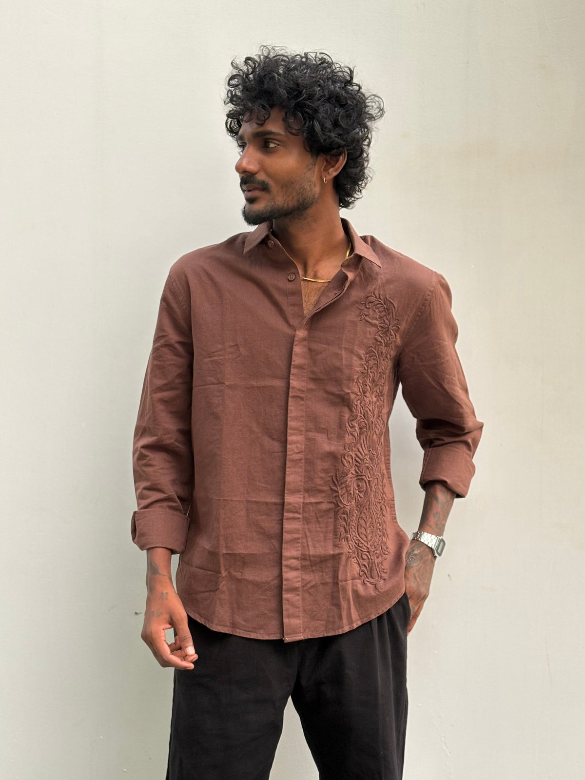 Brown Linen Embroidery Shirt