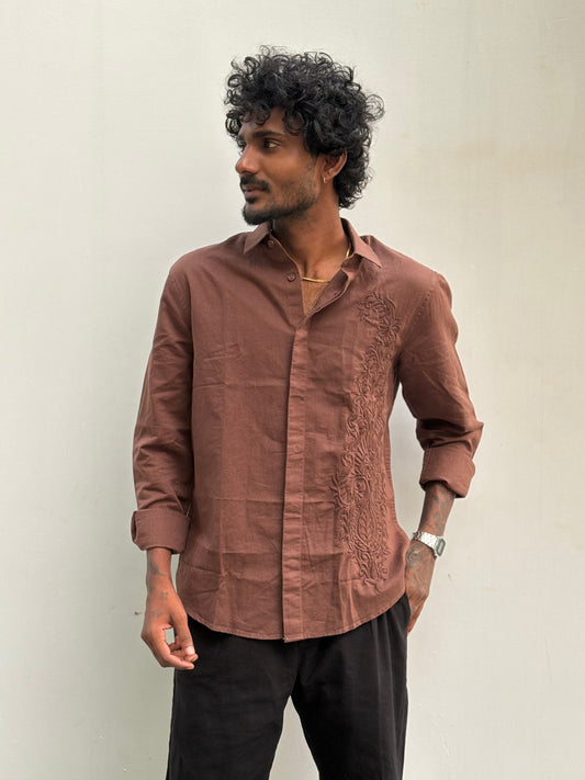 Brown Linen Embroidery Shirt
