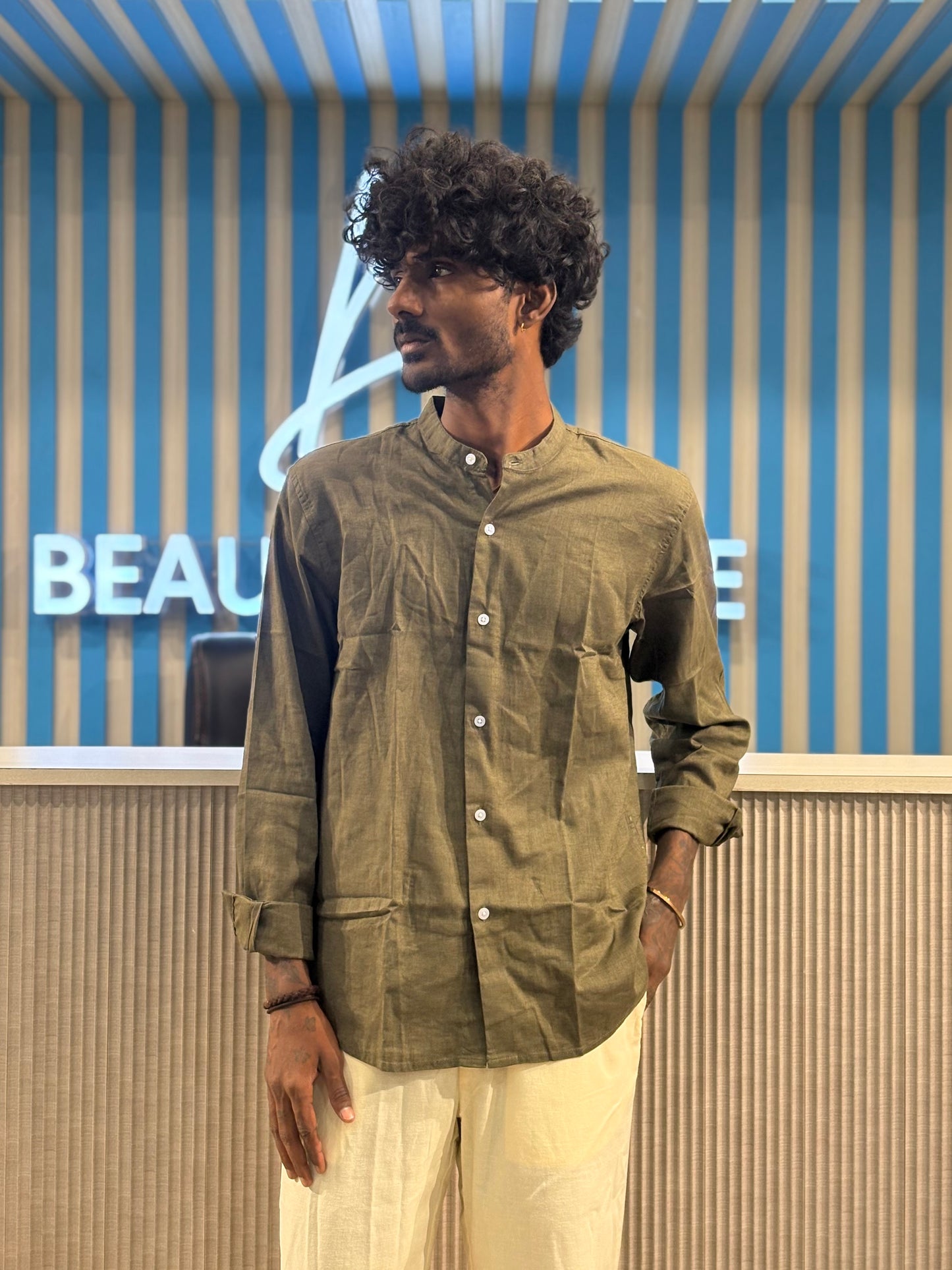 Olive Green Linen Mandarin Collar Shirt