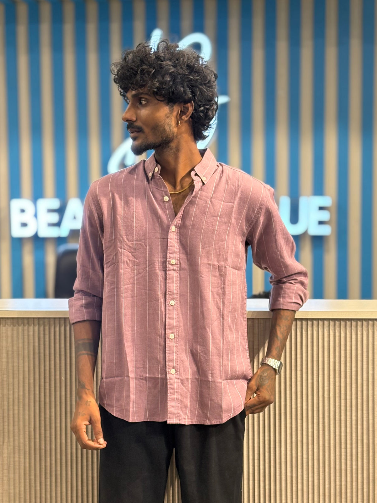 Pink Linen Striped Shirt