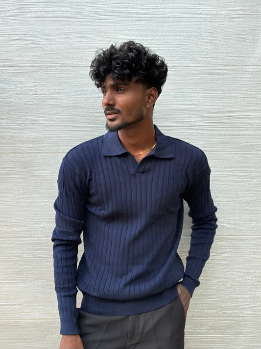 Blue Textured Full Sleeve Polo T-shirt