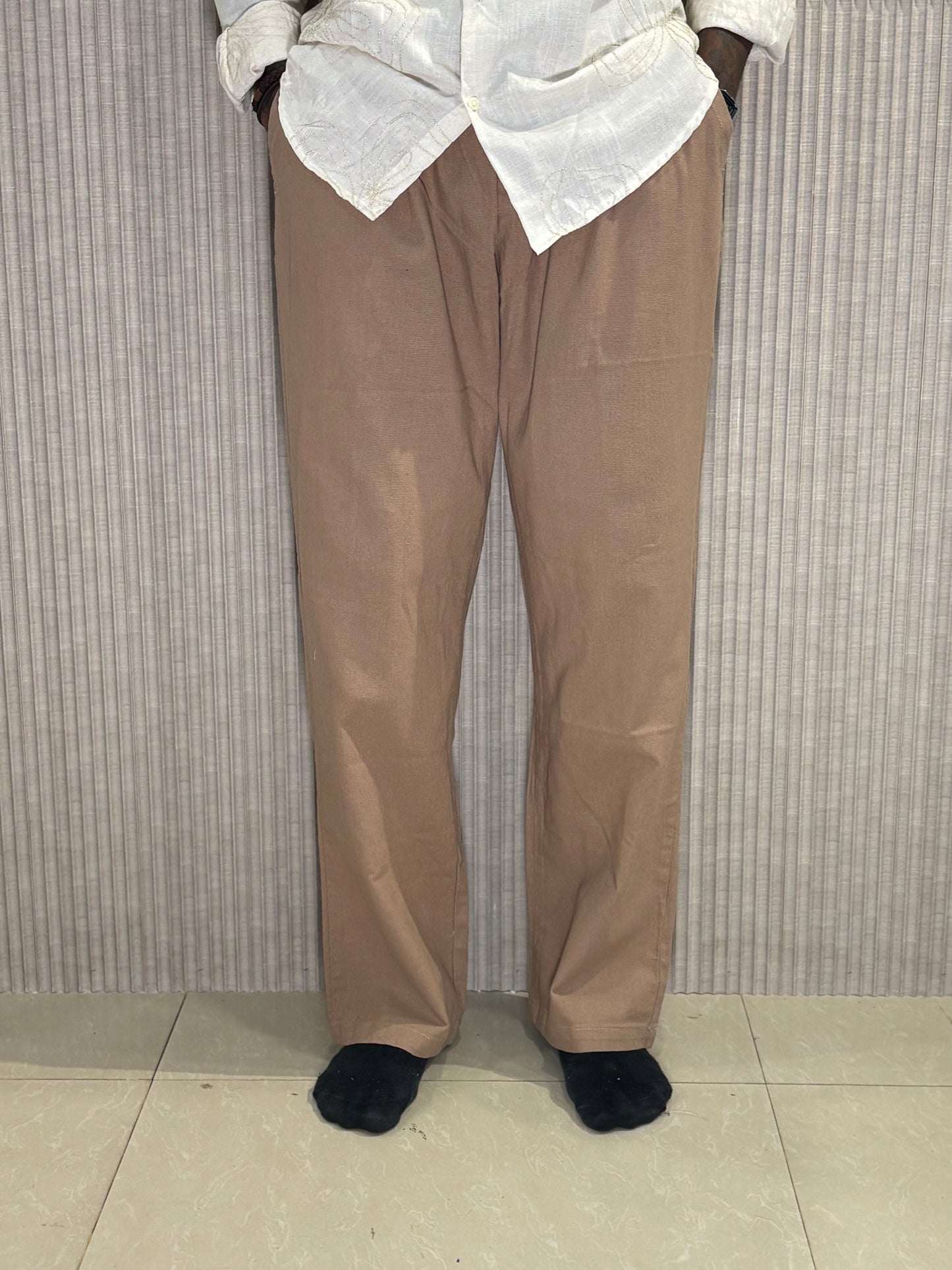 Brown Linen Relaxed Fit Draw String Pants