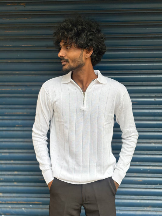 White Zipper Polo Full Sleeve Tshirt