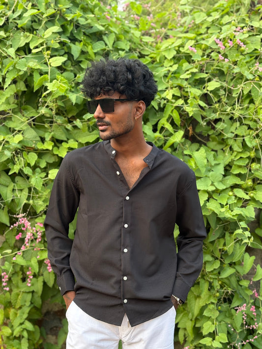Black Mandarin Linen Blended Shirt