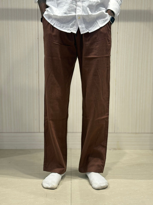 Brown Linen Relaxed Fit Draw String Pants