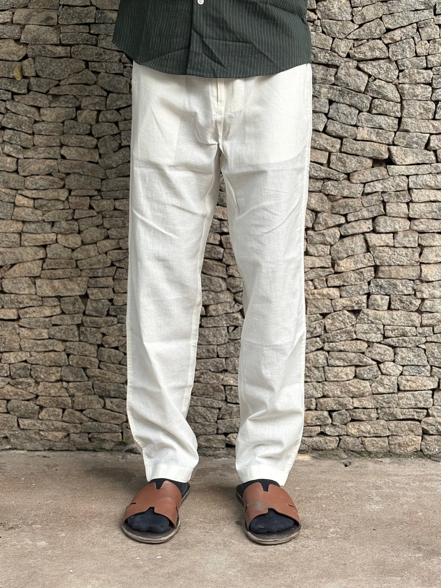Off White Linen Relaxed Fit Draw String Pants