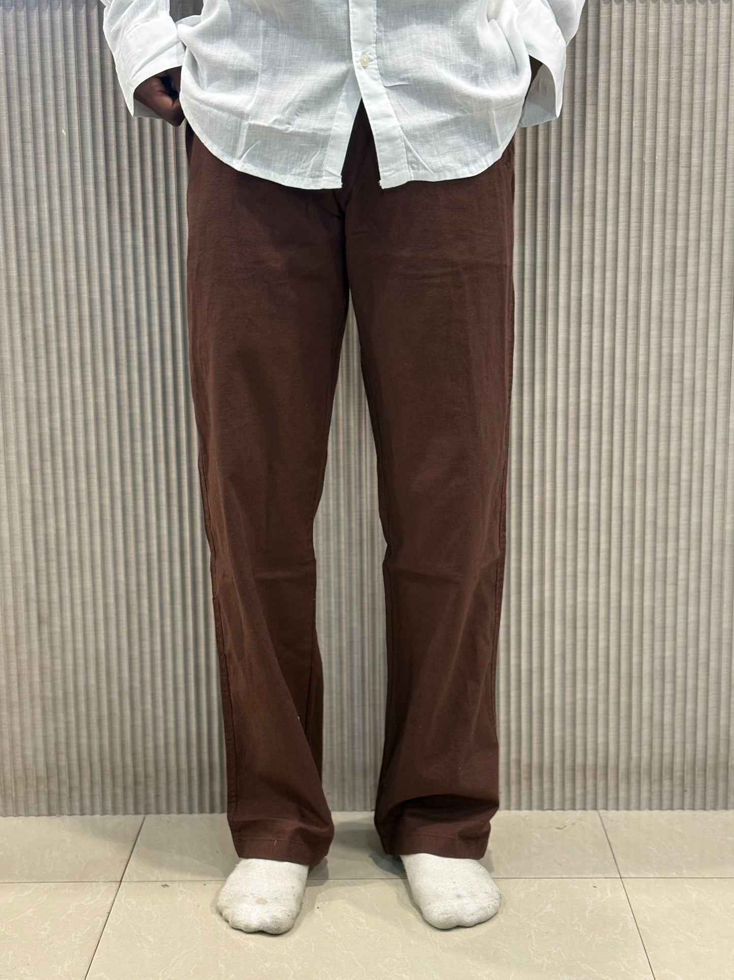 Brown Linen Relaxed Fit Draw String Pants