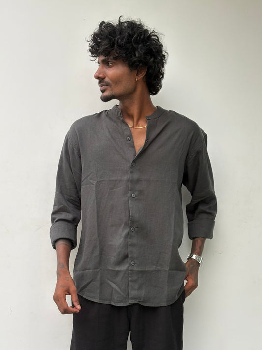 Dark Grey Linen Mandarin Collar Shirt