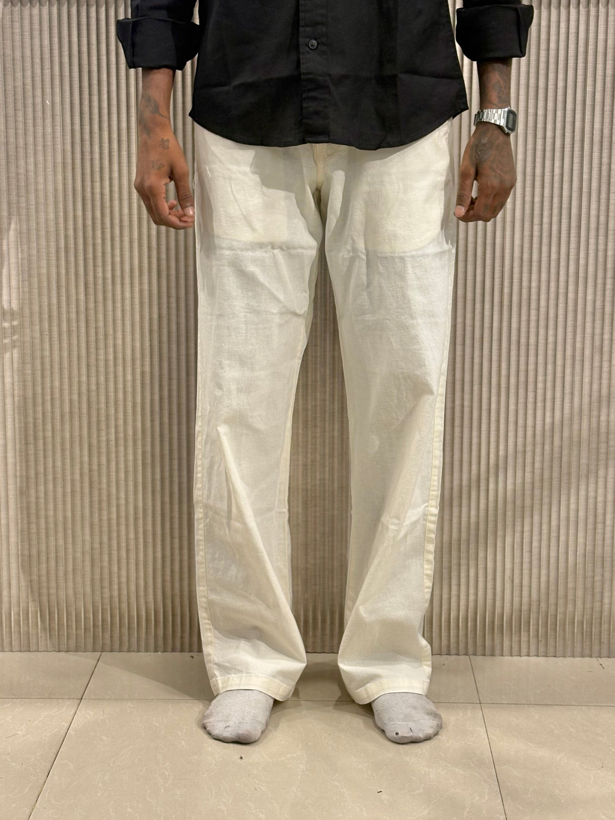 Cream Linen Relaxed Fit Draw String Pants