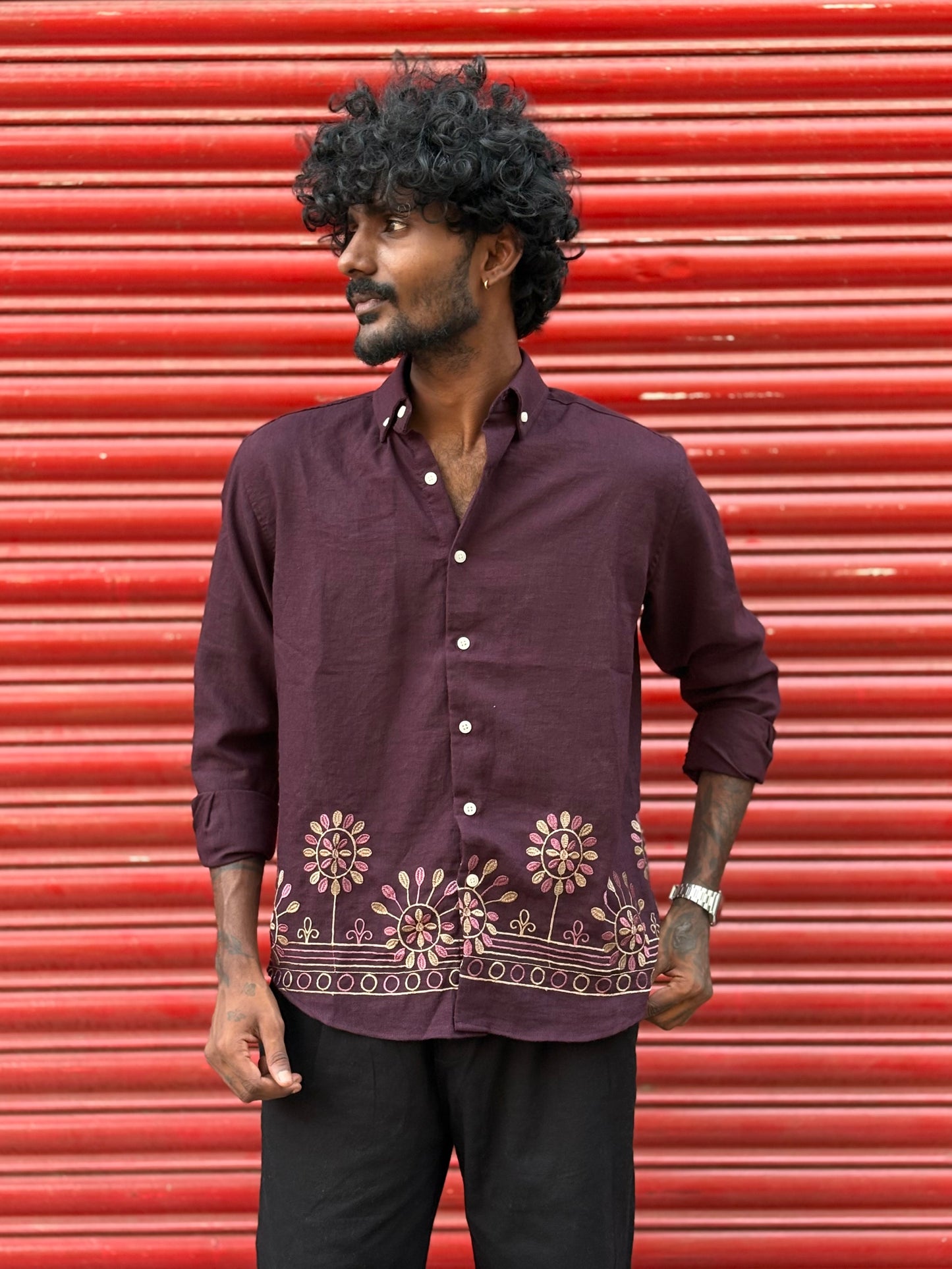 Wine Bottom Embroidery Shirt
