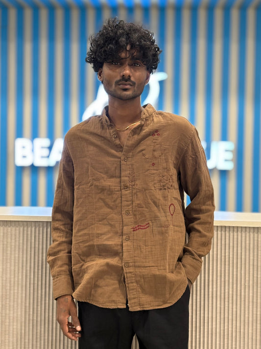 Brown Mandarin Embroidery Shirt