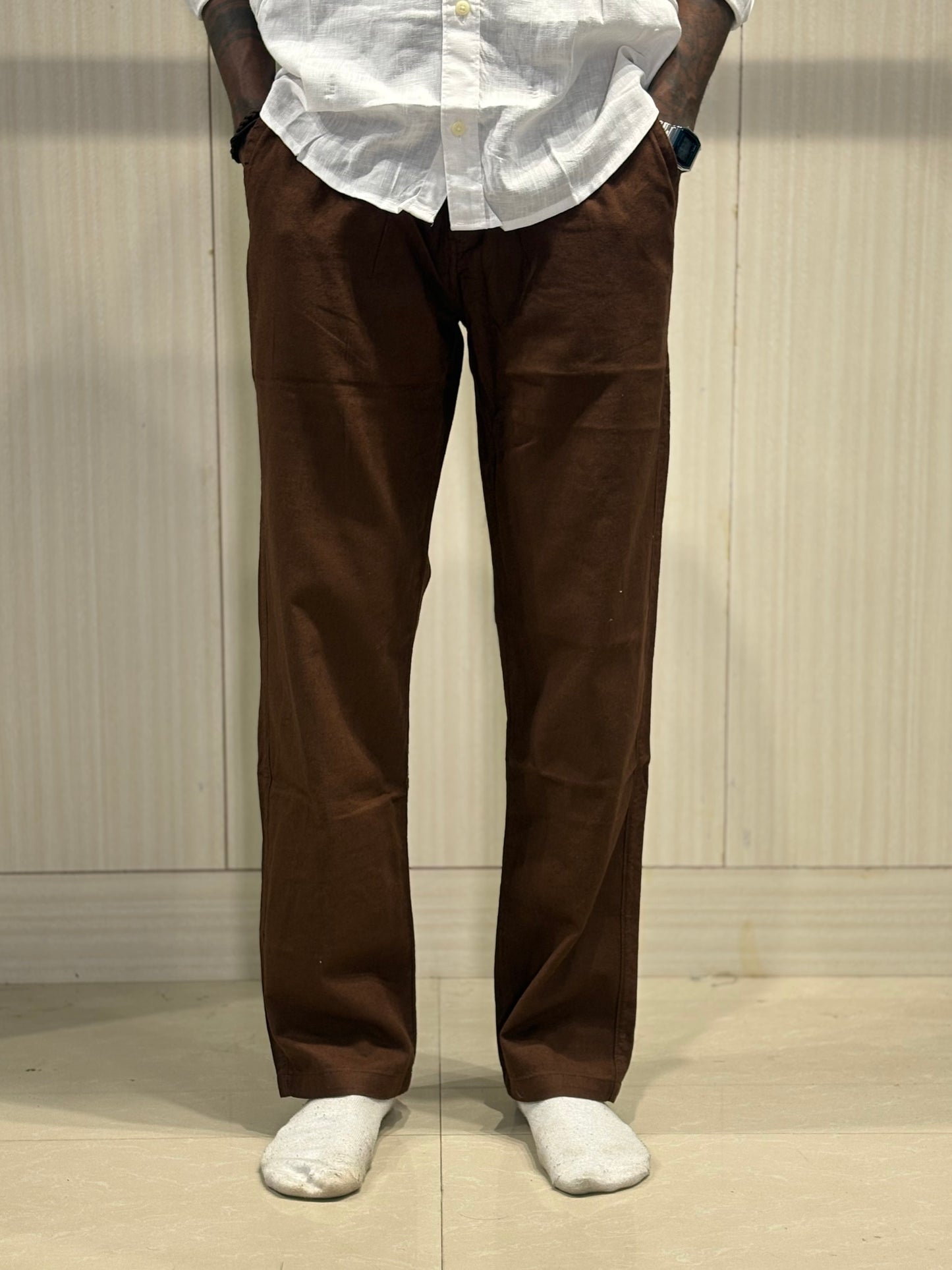 Brown Linen Relaxed Fit Draw String Pants