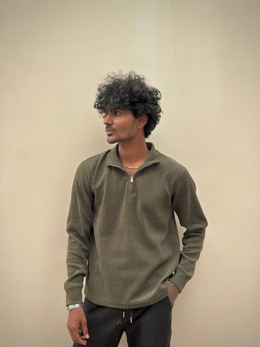 Olive Green Zipper Polo Full Sleeve Tshirt