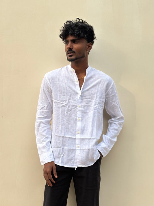 White Linen Mandarin Collar Shirt