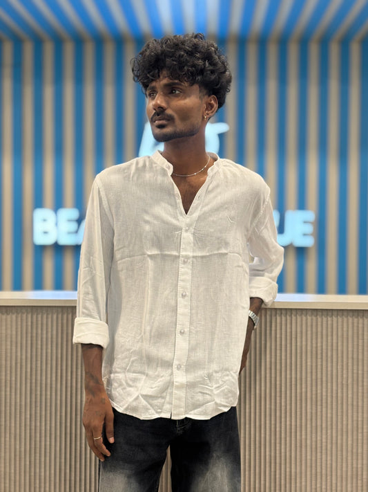 White Linen Self Striped Mandarin Collar Shirt