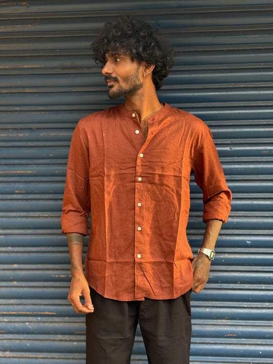Brown Linen Mandarin Collar Shirt