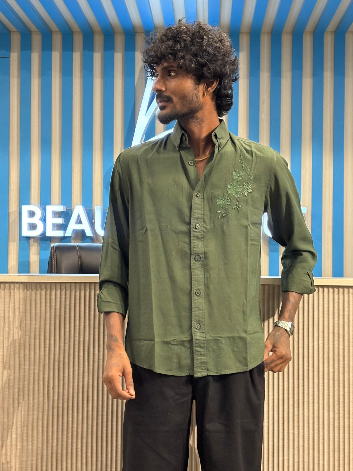 Green Chest Embroidery Shirt