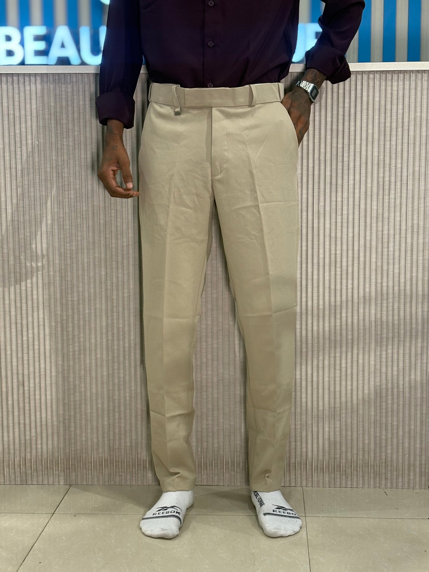 Beige Polo Fit Flexi Waist Formal Pants
