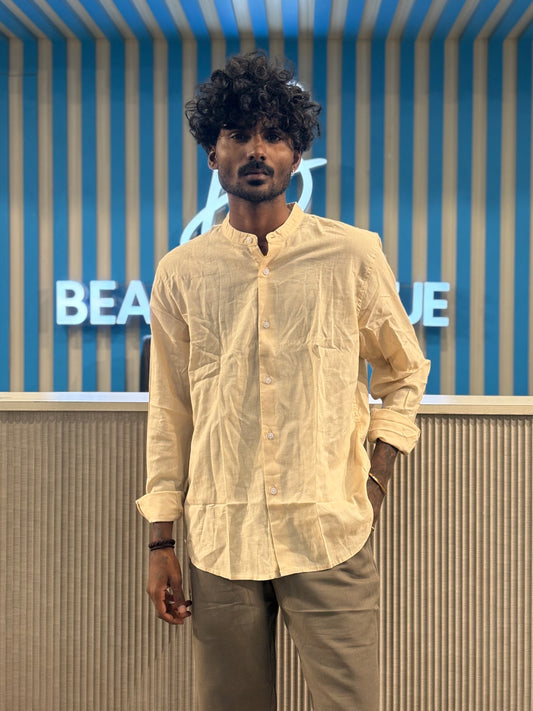 Beige Linen Mandarin Collar Shirt