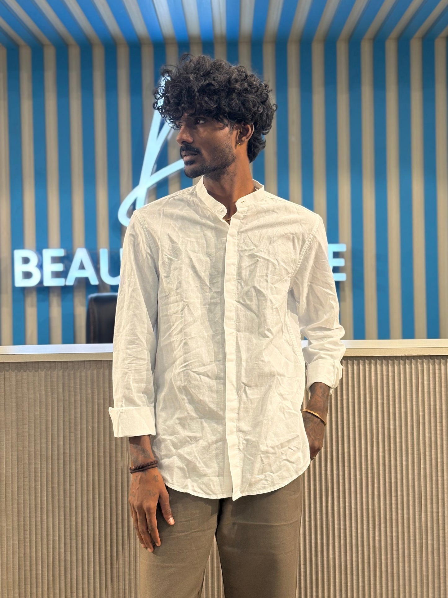 White Linen Mandarin Collar Shirt