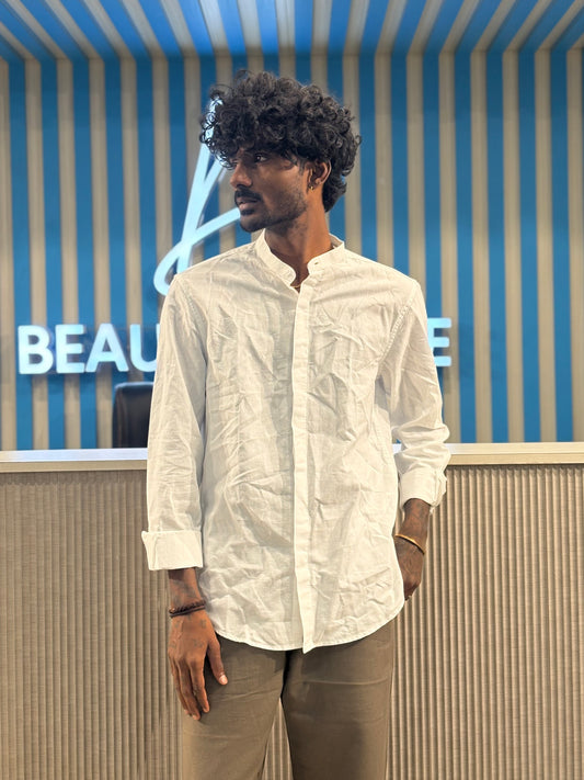 White Linen Mandarin Collar Shirt