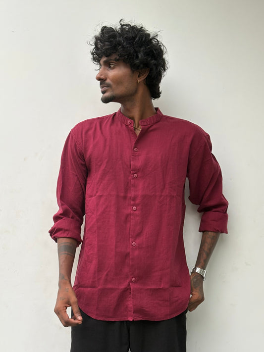 Red Linen Mandarin Collar Shirt