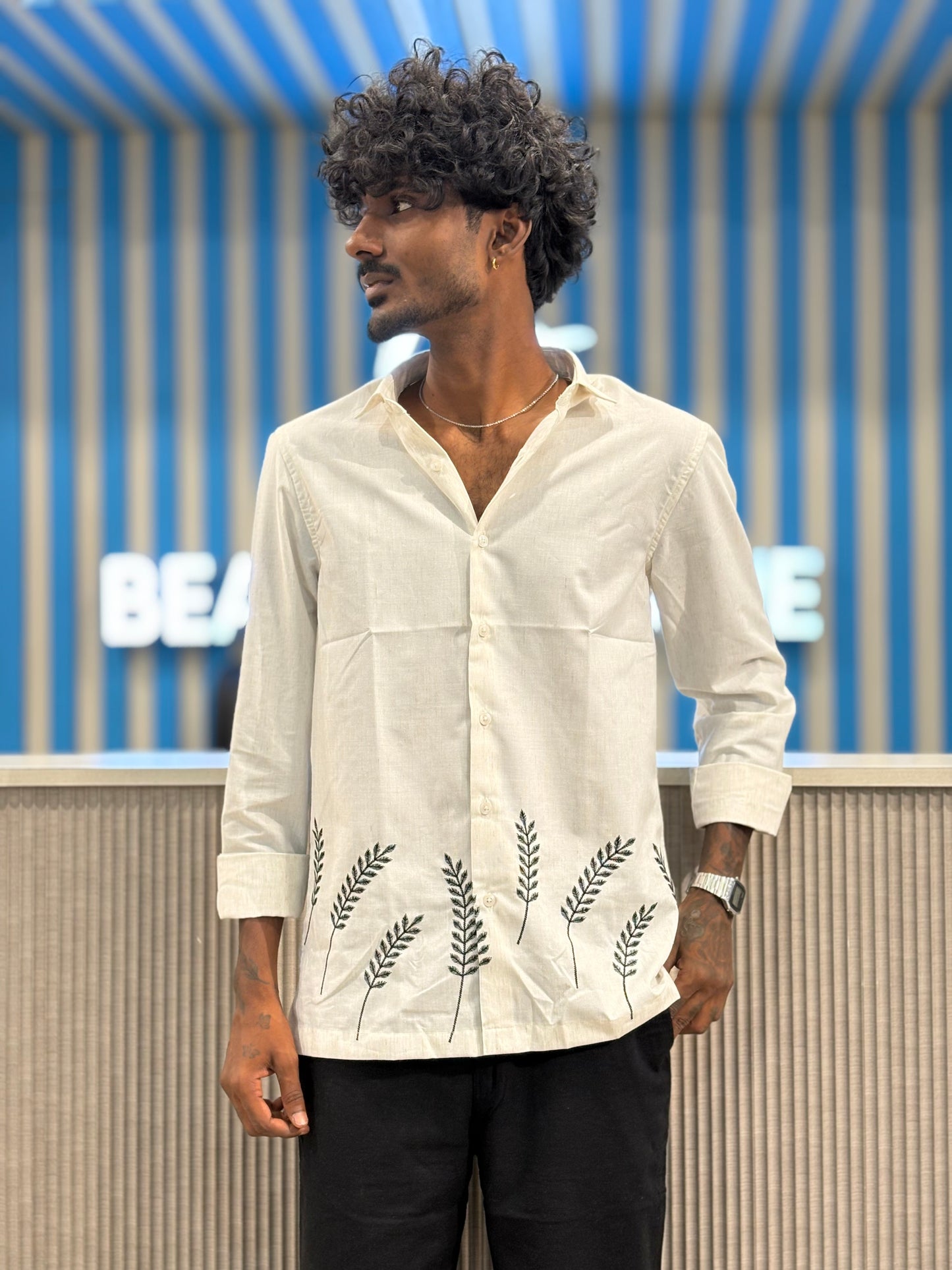 Off White Linen Bottom Embroidery Shirt
